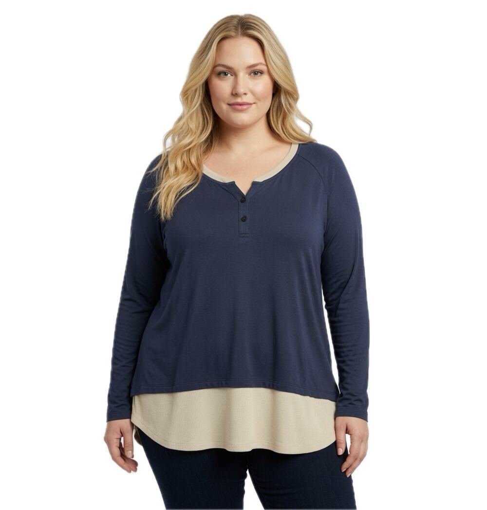 LOGO by Lori Goldstein Henley Knit Top with Shirttail Hem 3X